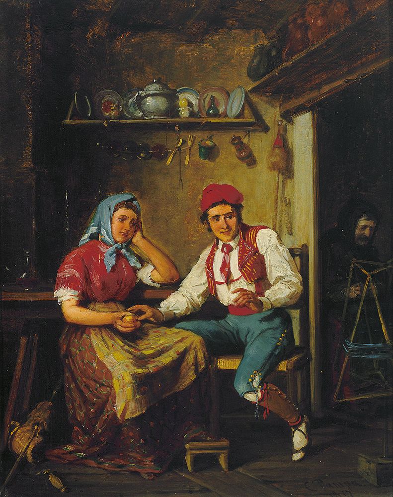 Young Couple In The Kitchen, Grandmother In The Next Room by C. Pampa, 1877